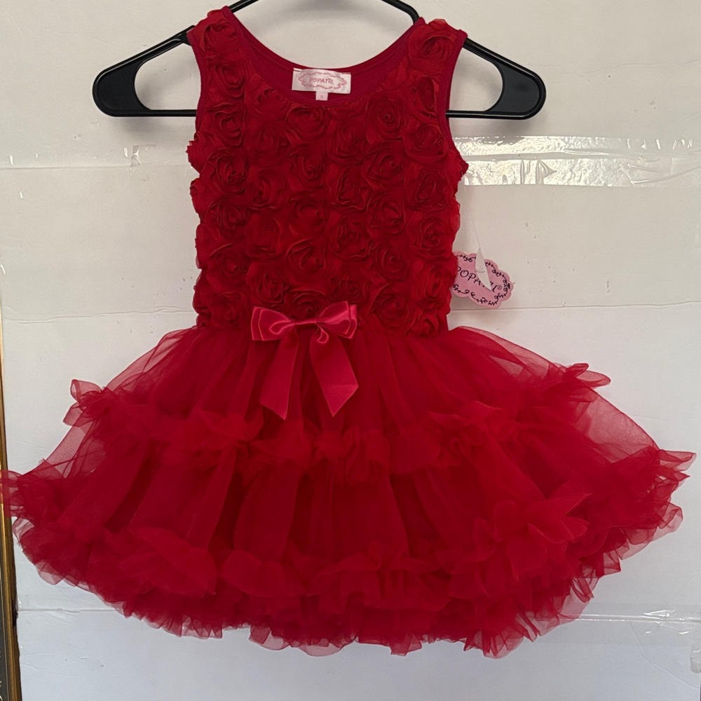 Elegant Red Kids Dress with Rosette Bodice